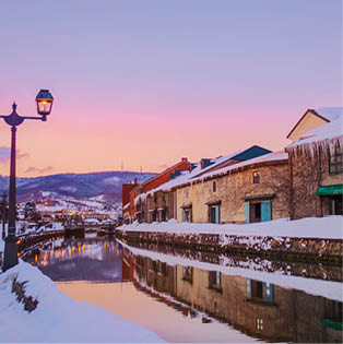 View of Otaru Canel in Winter season with sunset, Hokkaido - Japan.