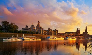Dresden skyline reflecion in Elbe river at sunset in Saxony of Germany
