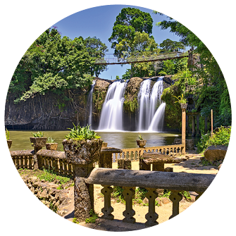 Paronella Park waterwall on a sunny day photographed from a nice perspective