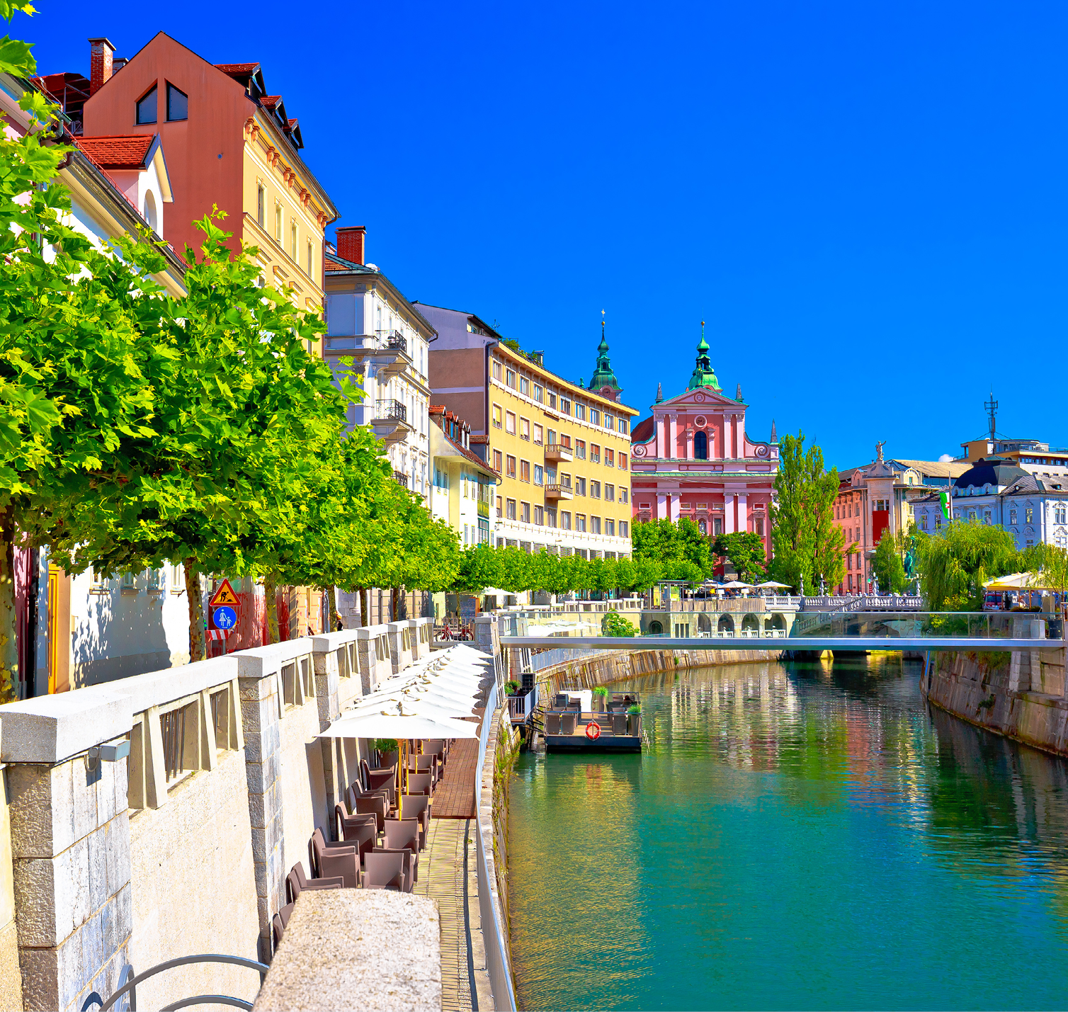 City of Ljubljana historic riverfont view, capital of Slovenia
