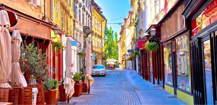 Colorful old town street in Ljubljana, capital of Slovenia
