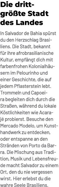 Die dritt gr te Stadt des Landes In Salvador de Bahia sp rst du den Herzschlag Brasiliens. Die Stadt, bekannt f r ih...