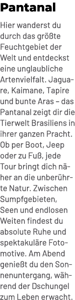 Pantanal Hier wanderst du durch das gr te Feuchtgebiet der Welt und entdeckst eine unglaubliche Artenvielfalt. Jagua...