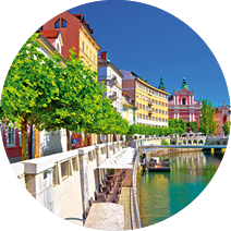 City of Ljubljana historic riverfont view, capital of Slovenia