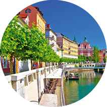 City of Ljubljana historic riverfont view, capital of Slovenia