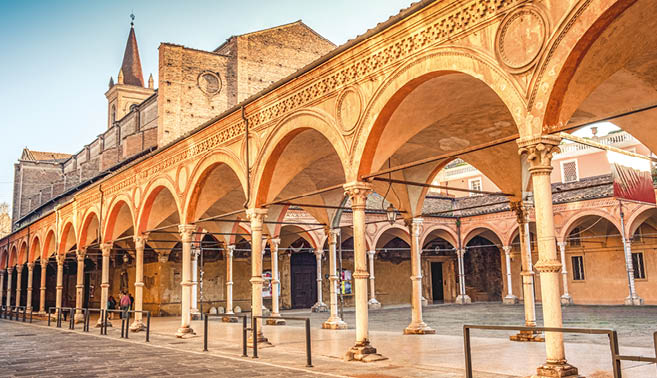 Bologna local landmark of Emilia Romagna region of Italy - Santa Maria dei Servi or Santa Lucia church and archway or Portico .