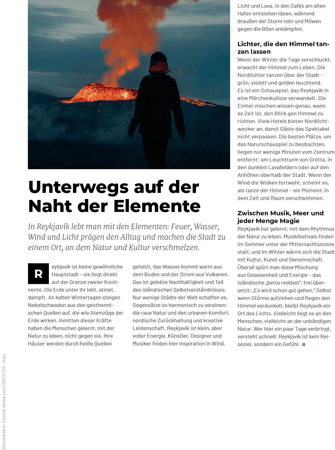 Bildnachweis: ©stock.adobe.com/IBRESTER inspi,In Reykjav k lebt man mit den Elementen: Feuer, Wasser, Wind und Licht ...