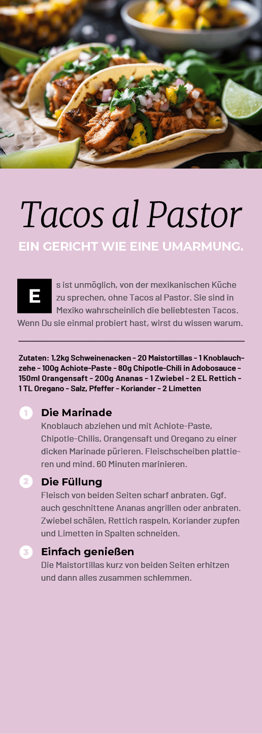 Zutaten: 1,2kg Schweinenacken 20 Maistortillas 1 Knoblauch zehe 100g Achiote Paste 80g Chipotle Chili in Adobosauce 1...