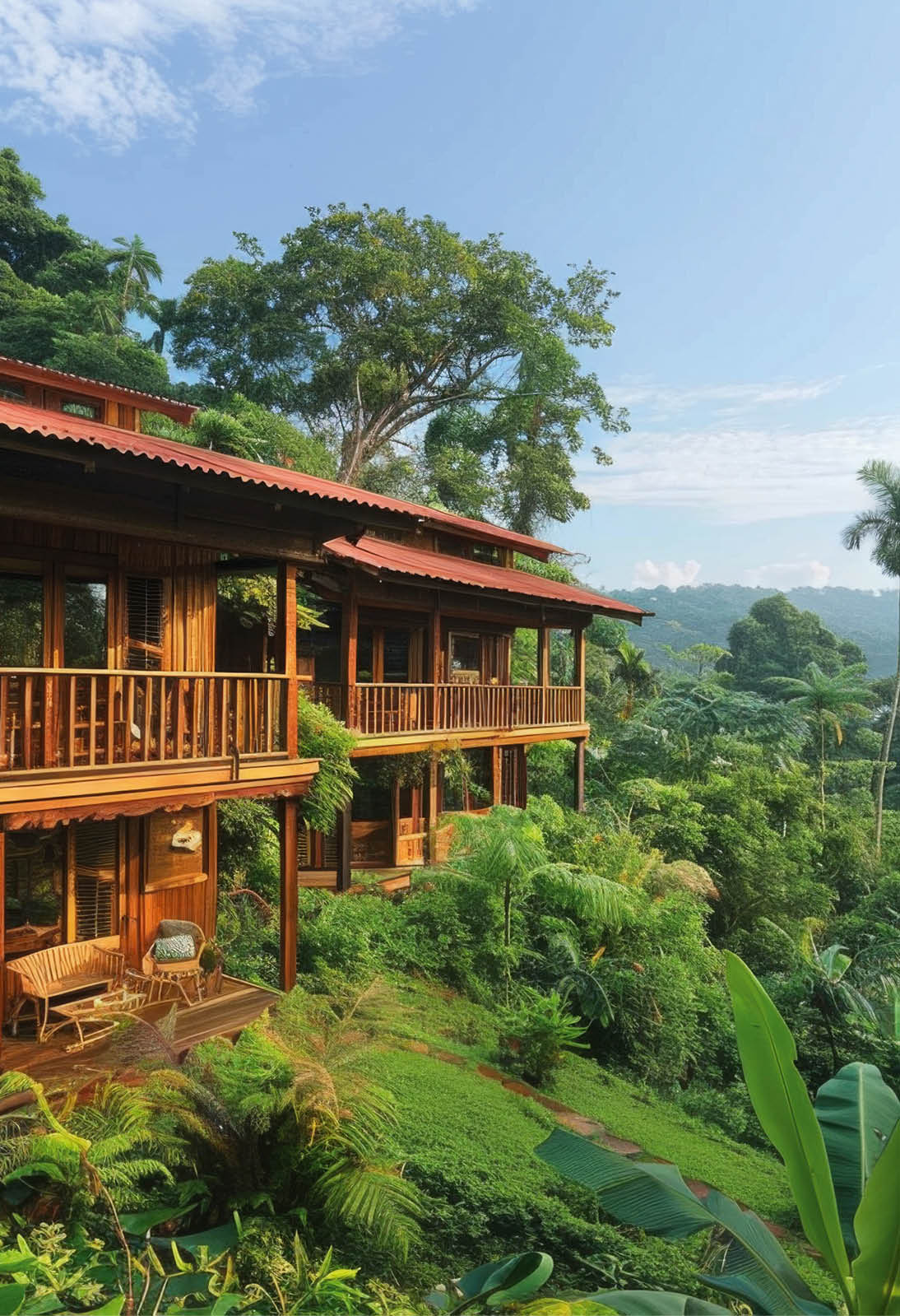 An eco friendly lodge nestled in the lush rainforest of Costa Rica, surrounded by vibrant green foliage