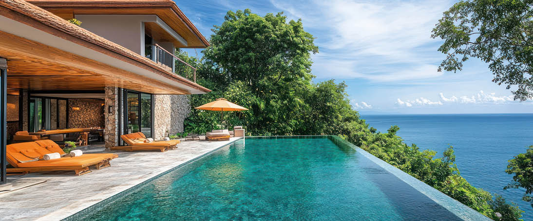Modern villa with infinity pool overlooking the ocean.