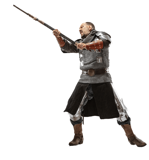 Brave armored knights with professional weapon fighting isolated on white studio background. Historical reconstruction of native fight of warriors. Concept of history, hobby, antique military art.