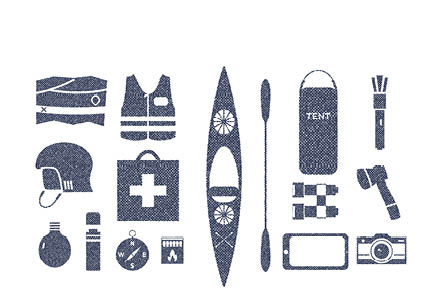 Kayaking and outdoors camping adventure equipment in retro rough style. Kayak gear isolated on white. Use for infographics, as icons on website, t-shirt graphic prints. Vector.