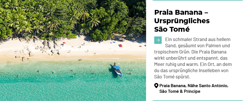Praia Banana – Urspr ngliches S o Tom ￼Ein schmaler Strand aus hellem Sand, ges umt von Palmen und tropischem Gr n. ...