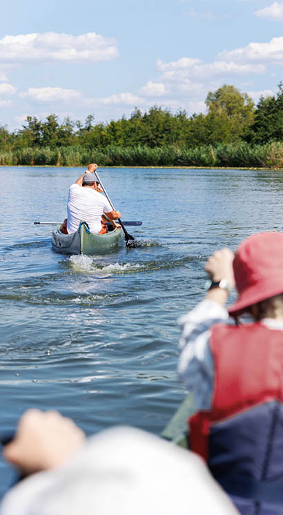 Man with two children enjoy having fun paddling canoe rent across lake river water wearing bright orange life vests hot sunny summer day. Healthy recreational activity lifestyle vacation trip journey.