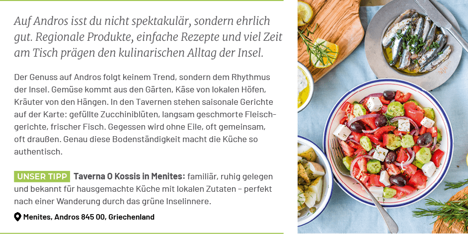 Auf Andros isst du nicht spektakul r, sondern ehrlich gut. Regionale Produkte, einfache Rezepte und viel Zeit am Tisc...