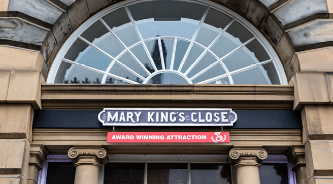 Edinburgh, UK - February 18th 2023: Sign outside the Mary Kings Close tourist attraction in the city of Edinburgh, Scotland.