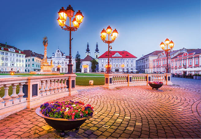 Timisoara, Romania - Union Square with Baroque architecture, charming historical city in region of Banat. European Capitals of Culture 2023.