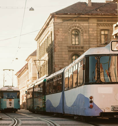 Tram for public transportation in the old historic city center, Timisoara tramway transport from central square station with european history architecture travel vintage urban transport vehicle