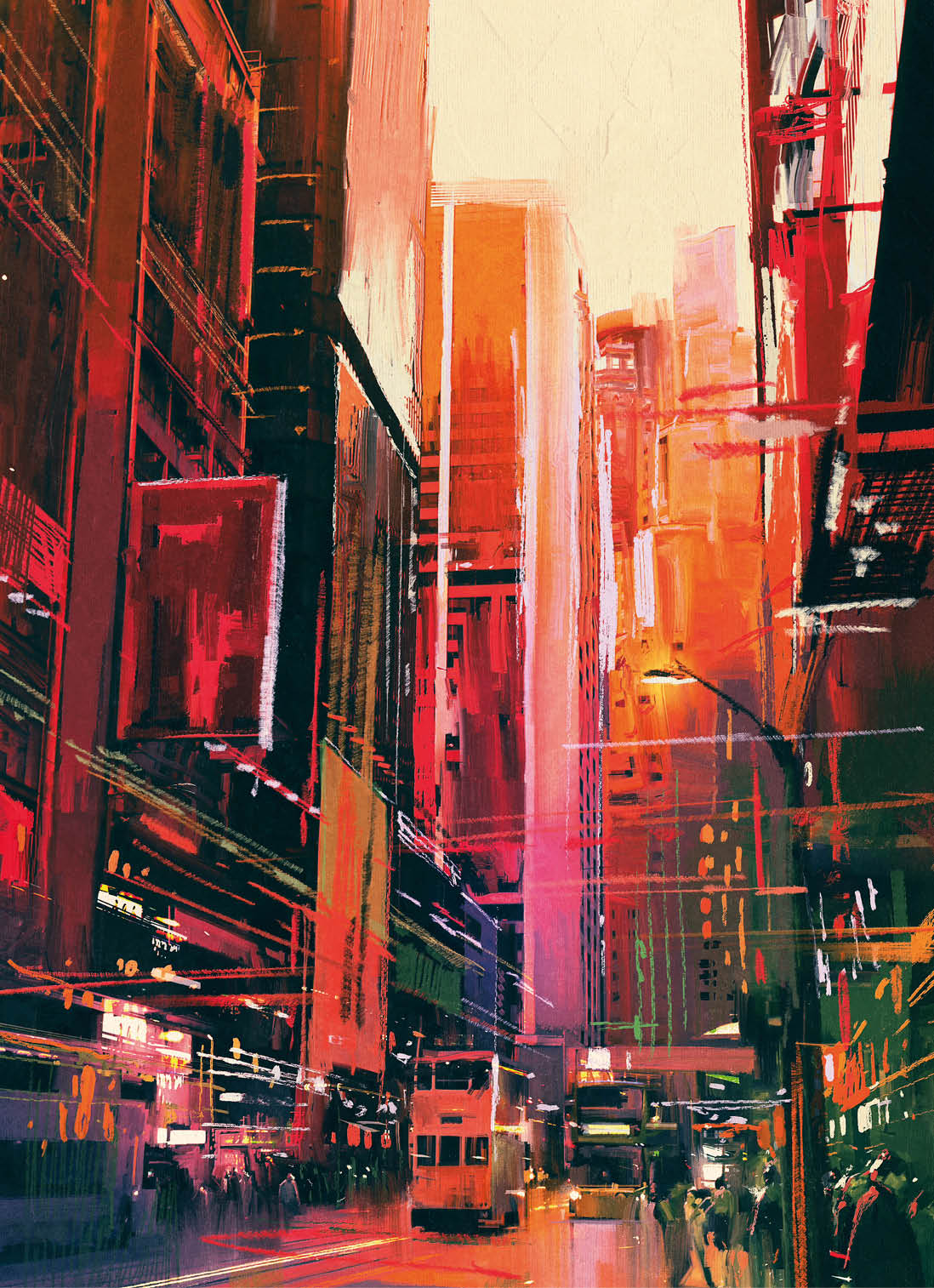 colorful painting of city street with office buildings,illustration