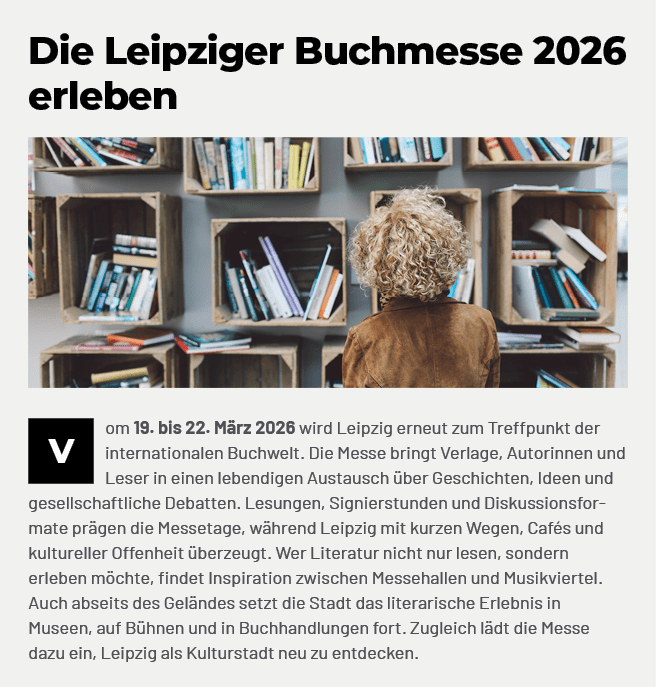 ￼om 19. bis 22. M rz 2026 wird Leipzig erneut zum Treffpunkt der internationalen Buchwelt. Die Messe bringt Verlage, ...