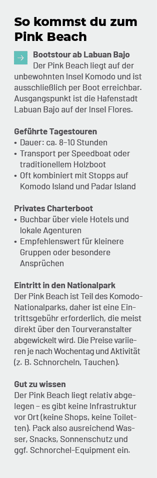 So kommst du zum Pink Beach ￼Bootstour ab Labuan Bajo Der Pink Beach liegt auf der unbewohnten Insel Komodo und ist a...