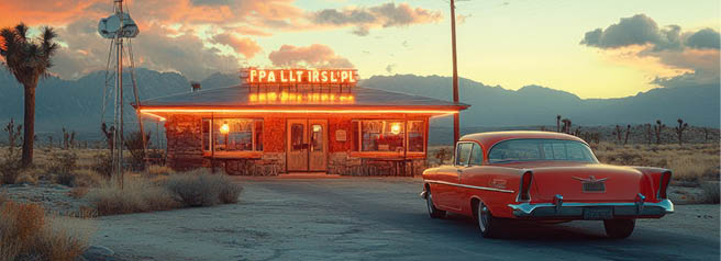 Vintage diner at sunset with a classic car parked outside.