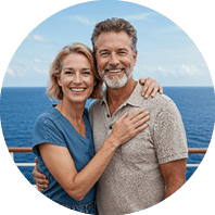 Paar steht lachend vor einer Schiffsreling.