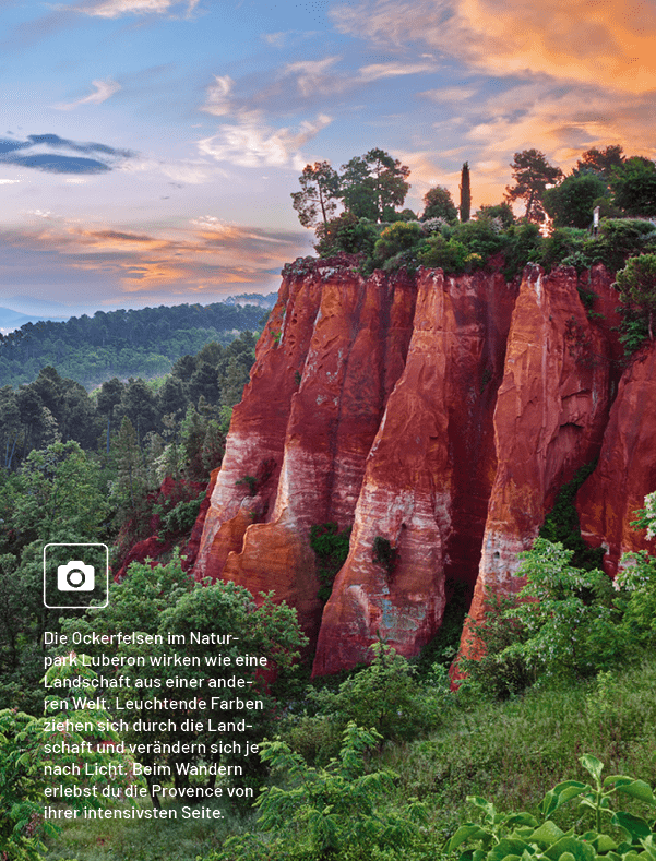 Die Ockerfelsen im Naturpark Luberon wirken wie eine Landschaft aus einer anderen Welt. Leuchtende Farben ziehen sich...
