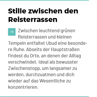 Stille zwischen den Reisterrassen ￼Zwischen leuchtend gr nen Reisterrassen und kleinen Tempeln entfaltet Ubud eine be...