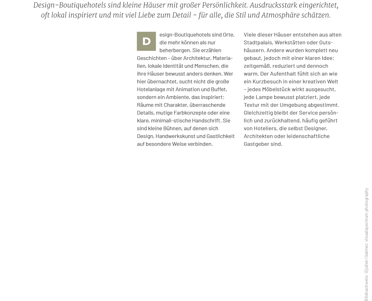 Bildnachweis: ©julien l balmer, visualspectrum photography,Design Boutiquehotels sind kleine H user mit gro er Pers n...