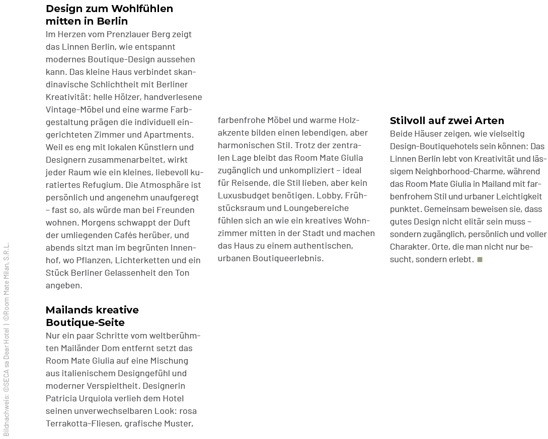 Bildnachweis: ©SECA sa Dear Hotel | ©Room Mate Milan, S.R.L.,Stilvoll auf zwei Arten Beide H user zeigen, wie vielsei...