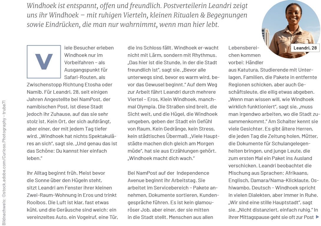 Leandri, 28,Windhoek ist entspannt, offen und freundlich. Postverteilerin Leandri zeigt uns ihr Windhoek – mit ruhige...