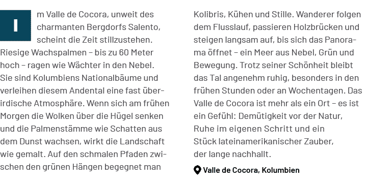Kolibris, K hen und Stille. Wanderer folgen dem Flusslauf, passieren Holzbr cken und steigen langsam auf, bis sich da...