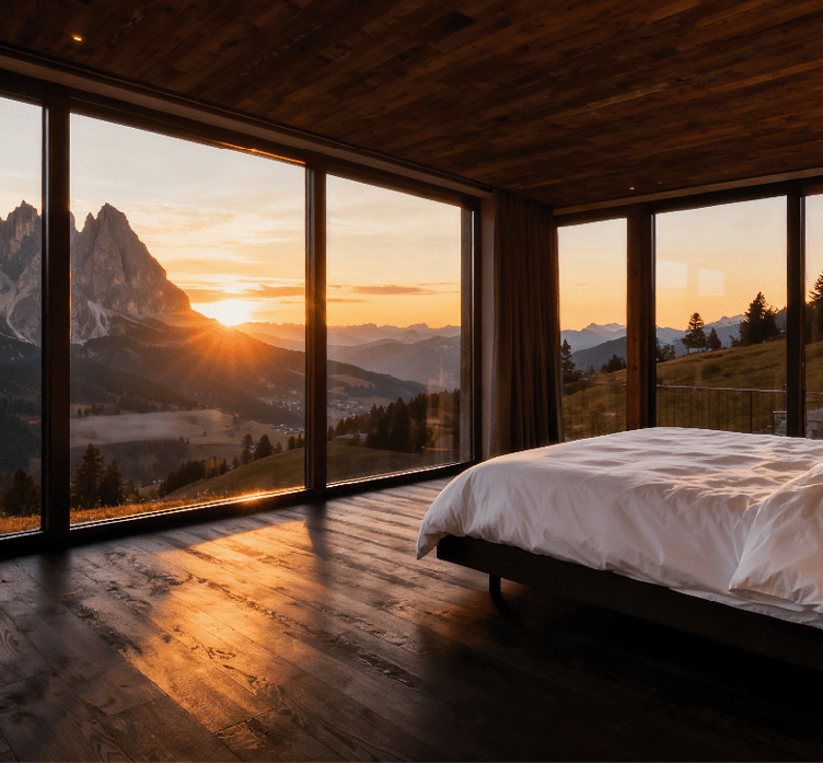 Schlafzimmer mit Panoramafenstern und Bergblick bei Sonnenuntergang