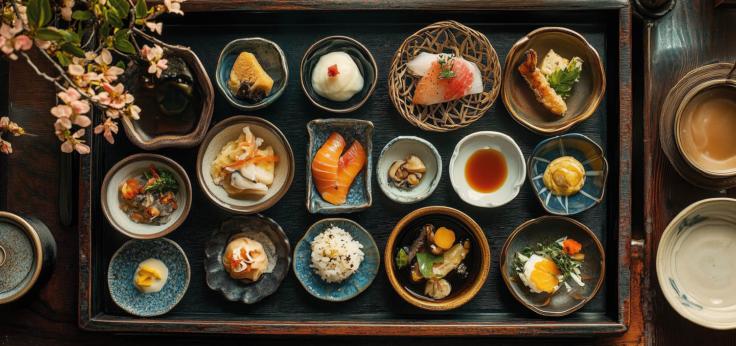 Tablett mit vielen kleinen Speisen in Schalen und Sch sseln angerichtet
