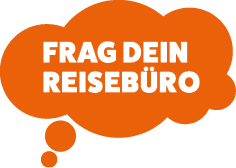 Logo “Frag dein Reiseb ro" auf orangener Wolkenform
