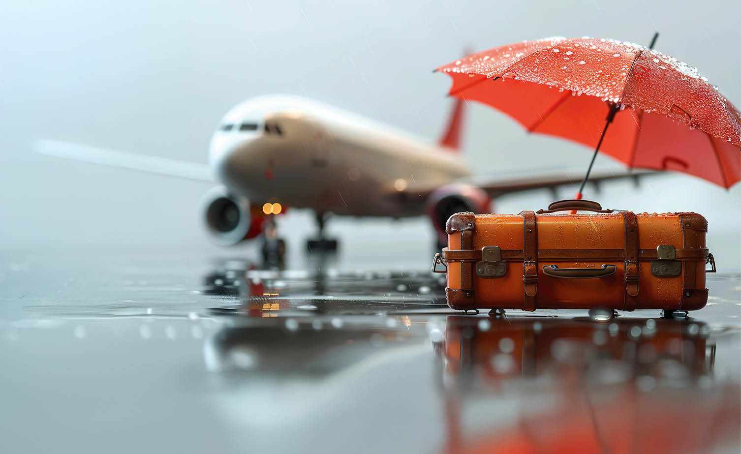 Koffer unter rotem Regenschirm vor Flugzeug