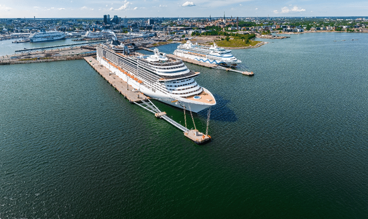 Tallinn, Estonia. June 23, 2022. Huge MSC cruise ship docked in a port in Tallinn. Beautiful aerial view of the MSC cruise ship.