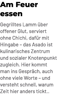 Am Feuer essen Gegrilltes Lamm ber offener Glut, serviert ohne Chichi, daf r mit Hingabe – das Asado ist kulinarisch...