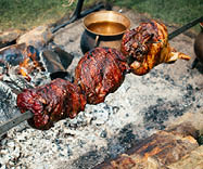 A closeup shot of pieces of barbecue on the fire made with coals