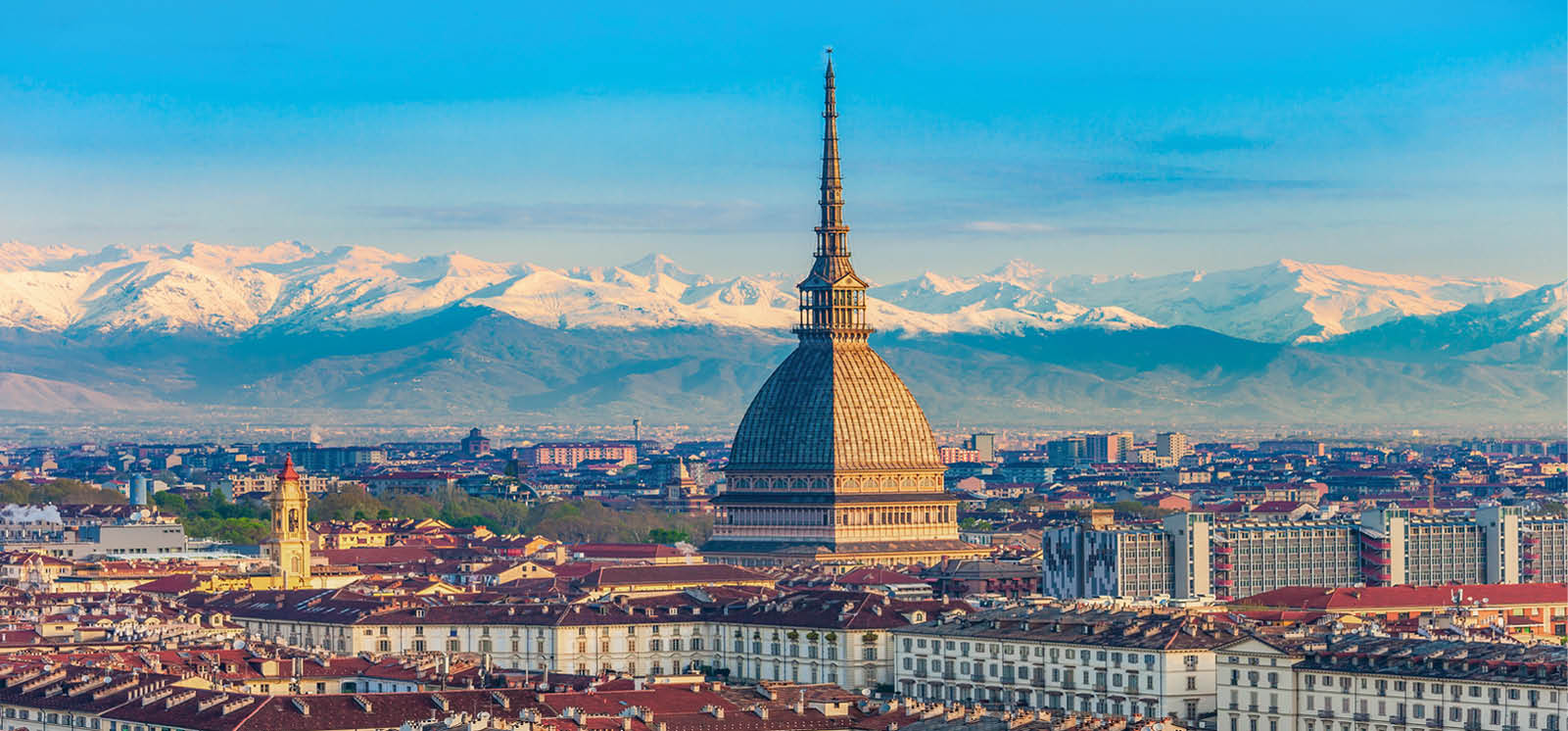The Mole Antonelliana aerial panoramic view, a major landmark building in Turin city, Piedmont region of Italy