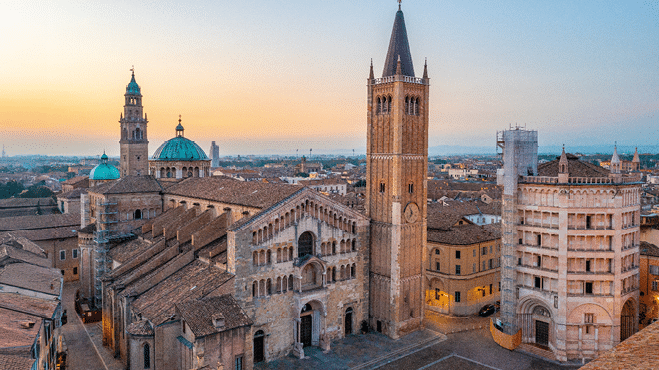 Sunrise view of the Cathedral of Parma in Italy.