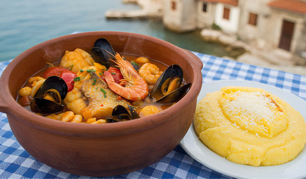 A delectable bowl of Croatian brudet fish stew brimming with fresh seafood like mussels and shrimp, complemented by a side of creamy polenta, against a picturesque coastal backdrop.