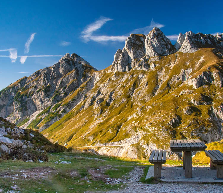Slovenia, Triglav National Park. Picnic bench with view of Julian Alps. ©Cathy & Gordon Illg / Jaynes Gallery / DanitaDelimont.com