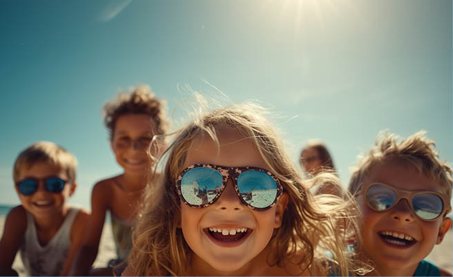 A close-up shot with selective focus captures the joyous group of kids on a sandy beach. Their smiles radiate pure happiness, embodying the carefree and lively spirit of summer. AI Generative AI