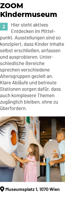 ￼Museumsplatz 1, 1070 Wien,ZOOM Kindermuseum ￼Hier steht aktives Entdecken im Mittelpunkt. Ausstellungen sind so konz...