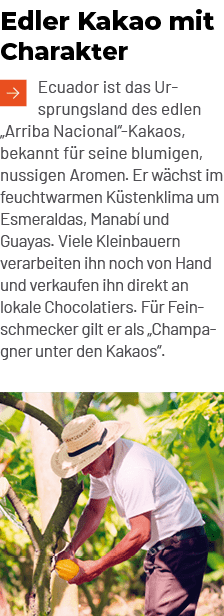 Edler Kakao mit Charakter ￼Ecuador ist das Ursprungsland des edlen „Arriba Nacional“ Kakaos, bekannt f r seine blumig...