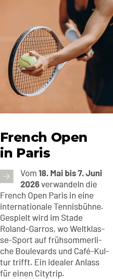 ￼Vom 18. Mai bis 7. Juni 2026 verwandeln die French Open Paris in eine internationale Tennisb hne. Gespielt wird im S...