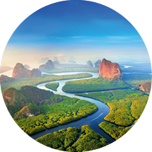 Aerial view of Phang Nga bay with mountains at sunrise in Thailand.