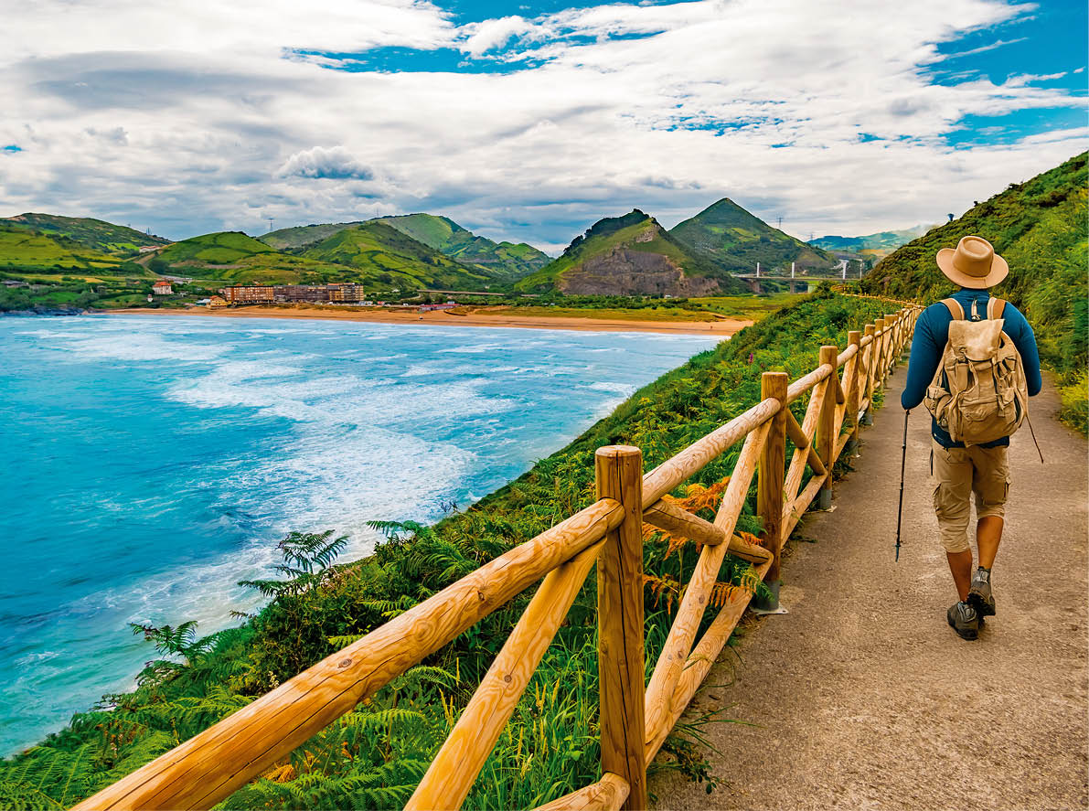 Coastal road in Basque country. Coastal Camino de Santiago (del Norte) route in Spain